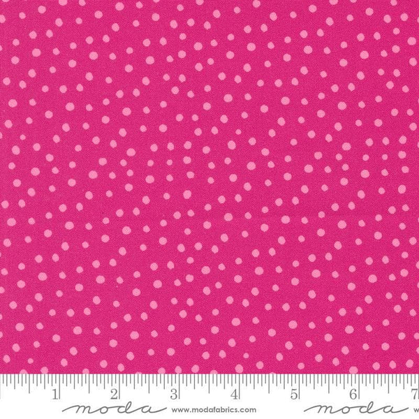 Image of the Flower Patches Dots Raspberry quilting cotton fabric by Amarilys Henderson for Moda Fabrics. Features dots on a pink background. Cute Little Fabric Shop