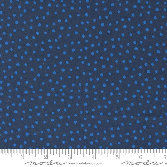 Image of the Flower Patches Dots Midnight quilting cotton fabric by Amarilys Henderson for Moda Fabrics. Features flowers on a blue background. Cute Little Fabric Shop