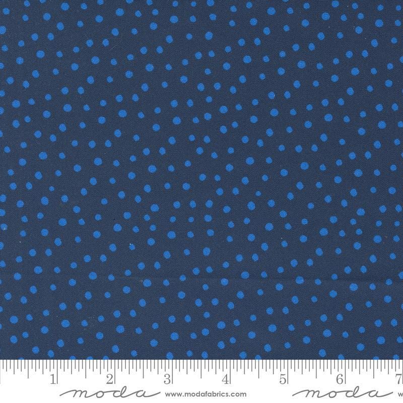 Image of the Flower Patches Dots Midnight quilting cotton fabric by Amarilys Henderson for Moda Fabrics. Features flowers on a blue background. Cute Little Fabric Shop