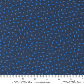 Image of the Flower Patches Dots Midnight quilting cotton fabric by Amarilys Henderson for Moda Fabrics. Features flowers on a blue background. Cute Little Fabric Shop