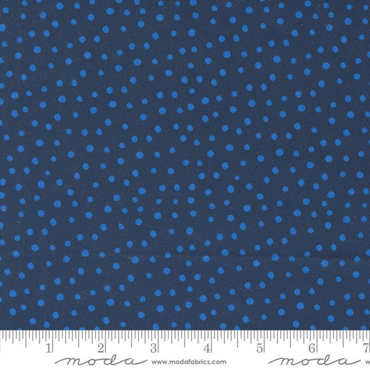 Image of the Flower Patches Dots Midnight quilting cotton fabric by Amarilys Henderson for Moda Fabrics. Features flowers on a blue background. Cute Little Fabric Shop