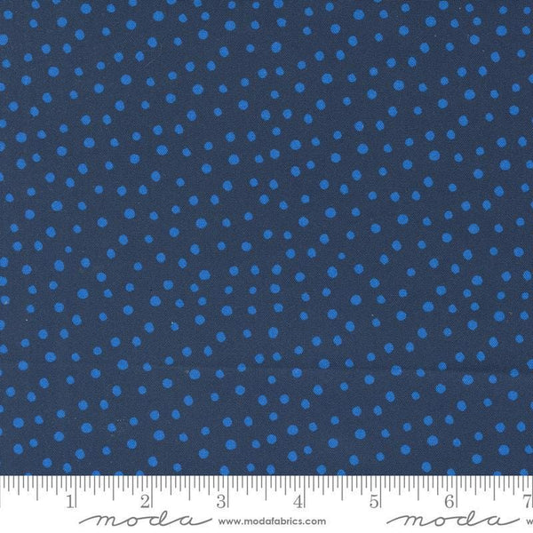 Image of the Flower Patches Dots Midnight quilting cotton fabric by Amarilys Henderson for Moda Fabrics. Features flowers on a blue background. Cute Little Fabric Shop