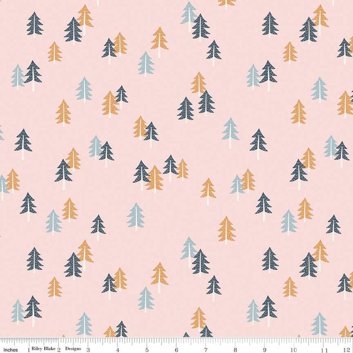 Image of the Forest Village Spruce Forest Pink quilting cotton fabric by Little Forest Atelier for Riley Blake Designs. Features trees on a pink background. Cute Little Fabric Shop