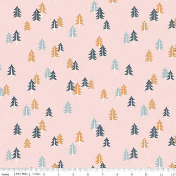 Image of the Forest Village Spruce Forest Pink quilting cotton fabric by Little Forest Atelier for Riley Blake Designs. Features trees on a pink background. Cute Little Fabric Shop