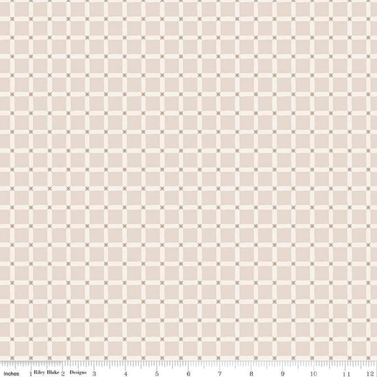 Image of the Forest Village Forest Grid Wheat quilting cotton fabric by Little Forest Atelier for Riley Blake Designs. Features a grid on a cream background. Cute Little Fabric Shop