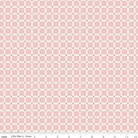 Image of the Forest Village Forest Grid Pink quilting cotton fabric by Little Forest Atelier for Riley Blake Designs. Features a grid on a pink background. Cute Little Fabric Shop