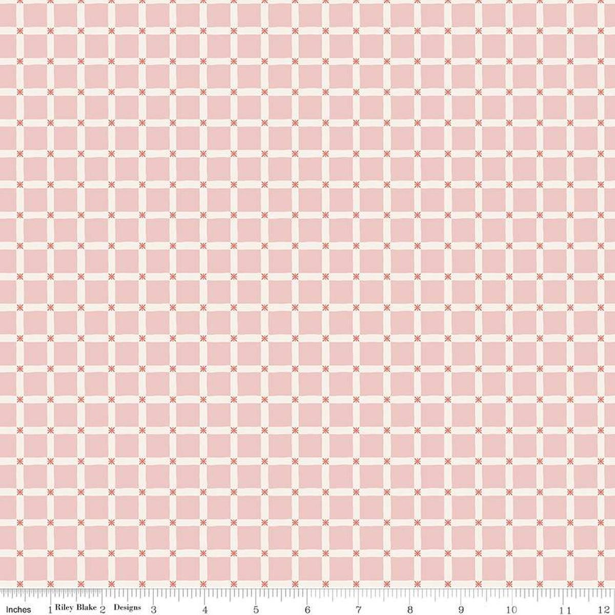 Image of the Forest Village Forest Grid Pink quilting cotton fabric by Little Forest Atelier for Riley Blake Designs. Features a grid on a pink background. Cute Little Fabric Shop