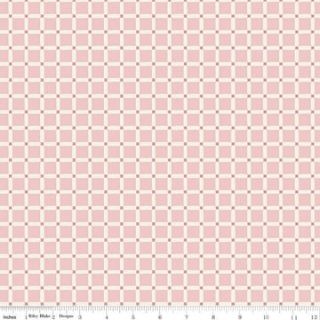Image of the Forest Village Forest Grid Pink quilting cotton fabric by Little Forest Atelier for Riley Blake Designs. Features a grid on a pink background. Cute Little Fabric Shop