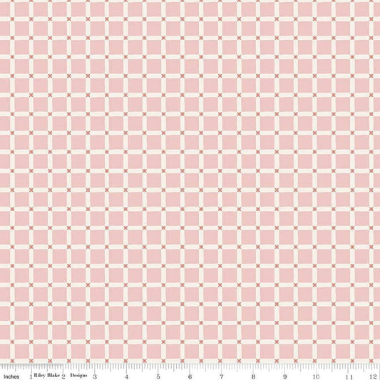 Image of the Forest Village Forest Grid Pink quilting cotton fabric by Little Forest Atelier for Riley Blake Designs. Features a grid on a pink background. Cute Little Fabric Shop