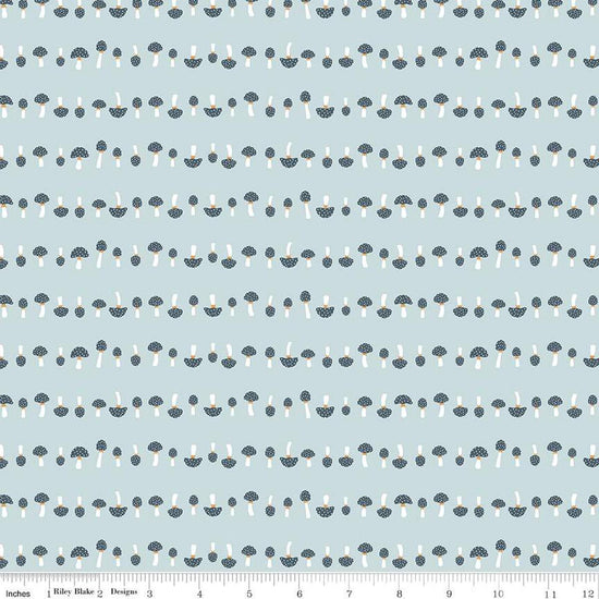 Image of the Forest Village Mushrooms Sky quilting cotton fabric by Little Forest Atelier for Riley Blake Designs. Features a mushrooms on a blue background. Cute Little Fabric Shop