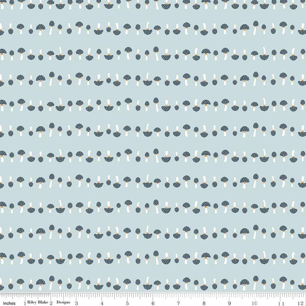 Image of the Forest Village Mushrooms Sky quilting cotton fabric by Little Forest Atelier for Riley Blake Designs. Features a mushrooms on a blue background. Cute Little Fabric Shop
