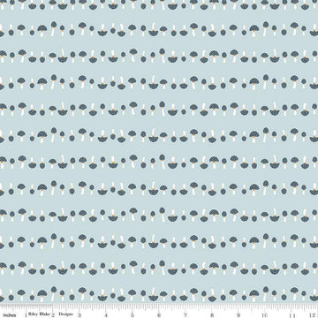 Image of the Forest Village Mushrooms Sky quilting cotton fabric by Little Forest Atelier for Riley Blake Designs. Features a mushrooms on a blue background. Cute Little Fabric Shop