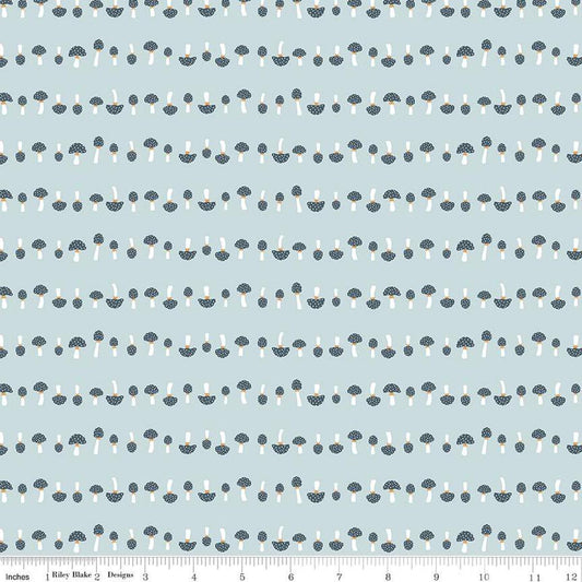 Image of the Forest Village Mushrooms Sky quilting cotton fabric by Little Forest Atelier for Riley Blake Designs. Features a mushrooms on a blue background. Cute Little Fabric Shop