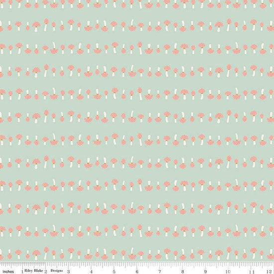 Image of the Forest Village Mushrooms Sage quilting cotton fabric by Little Forest Atelier for Riley Blake Designs. Features a mushrooms on a green background. Cute Little Fabric Shop