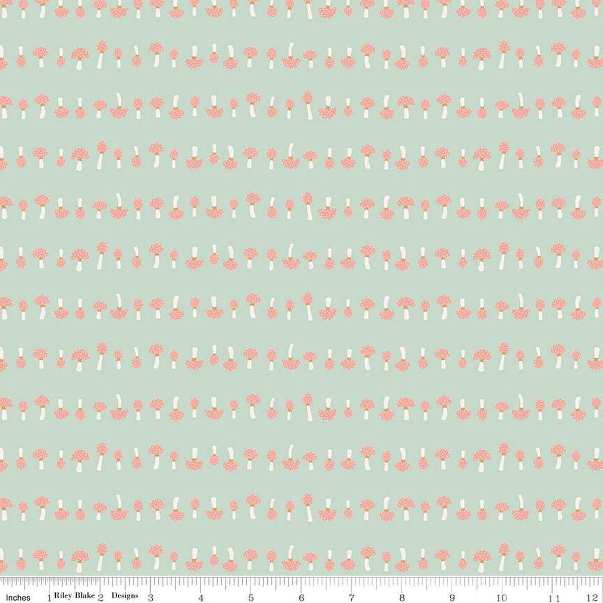Image of the Forest Village Mushrooms Sage quilting cotton fabric by Little Forest Atelier for Riley Blake Designs. Features a mushrooms on a green background. Cute Little Fabric Shop