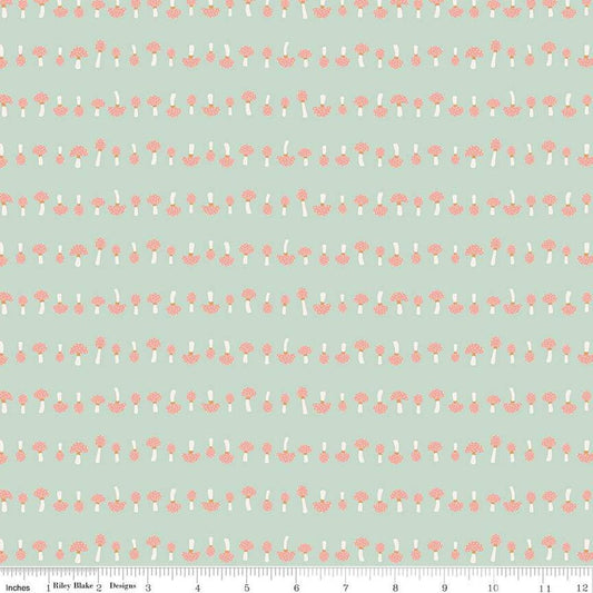 Image of the Forest Village Mushrooms Sage quilting cotton fabric by Little Forest Atelier for Riley Blake Designs. Features a mushrooms on a green background. Cute Little Fabric Shop