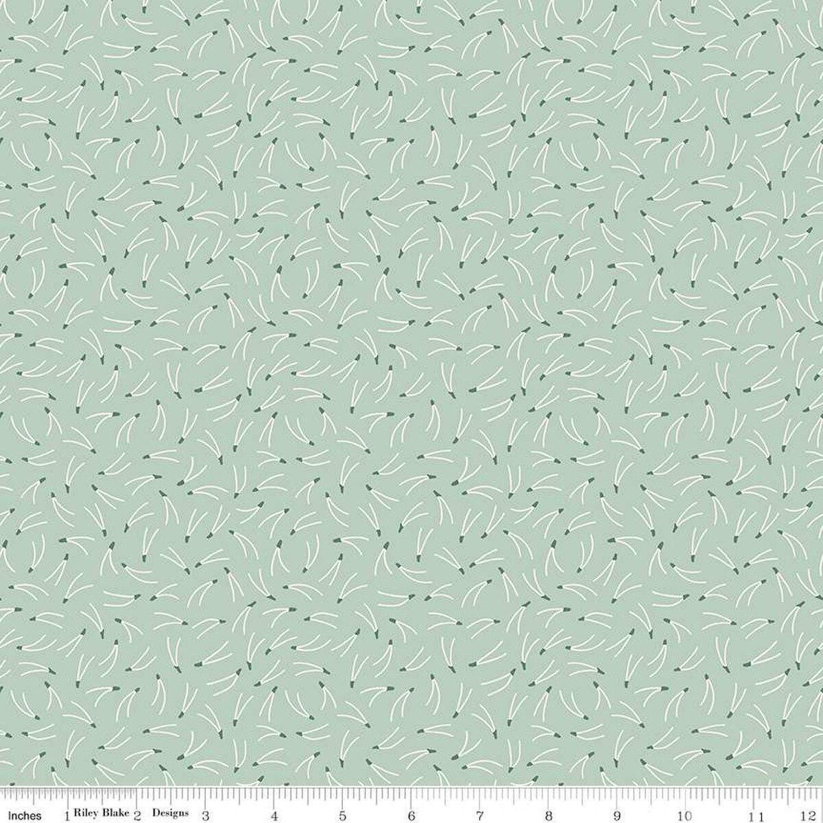 Image of the Forest Village Needles Sage quilting cotton fabric by Little Forest Atelier for Riley Blake Designs. Features a pine needles on a green background. Cute Little Fabric Shop