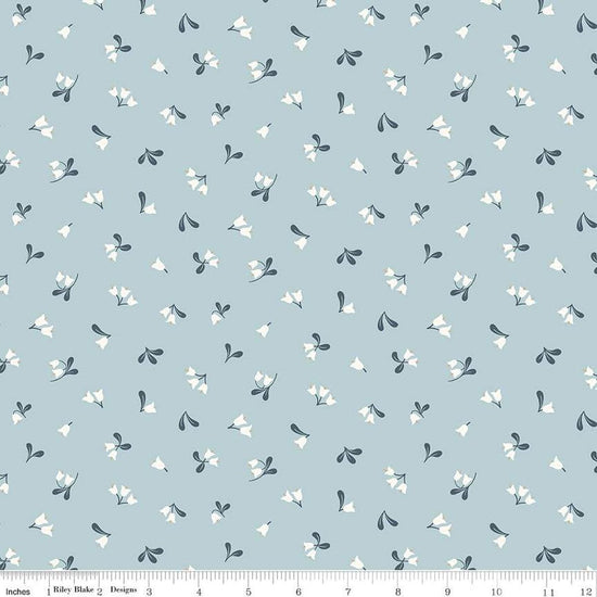 Image of the Forest Village Lingonberry Floral Sky quilting cotton fabric by Little Forest Atelier for Riley Blake Designs. Features flowers on a blue background. Cute Little Fabric Shop