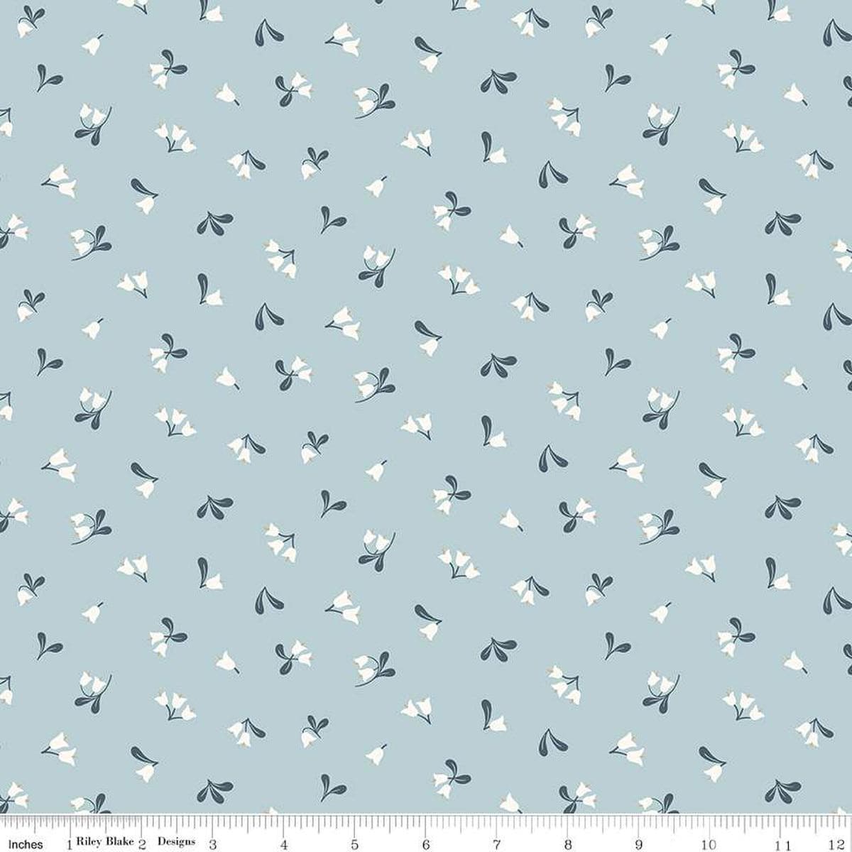 Image of the Forest Village Lingonberry Floral Sky quilting cotton fabric by Little Forest Atelier for Riley Blake Designs. Features flowers on a blue background. Cute Little Fabric Shop