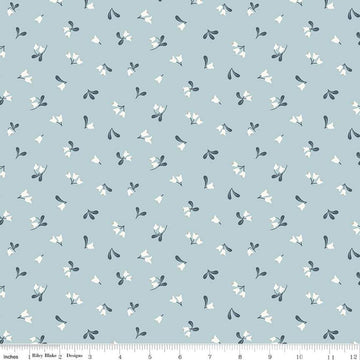 Image of the Forest Village Lingonberry Floral Sky quilting cotton fabric by Little Forest Atelier for Riley Blake Designs. Features flowers on a blue background. Cute Little Fabric Shop