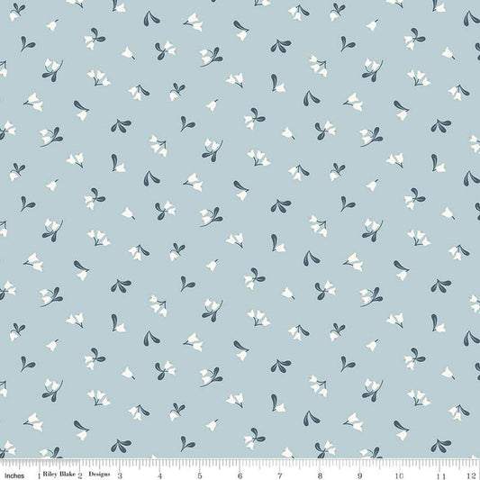 Image of the Forest Village Lingonberry Floral Sky quilting cotton fabric by Little Forest Atelier for Riley Blake Designs. Features flowers on a blue background. Cute Little Fabric Shop