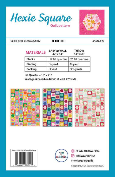 Image of the Hexie Square quilt pattern by Sew Mariana for Moda Fabrics. Features the fabric requirements.
Cute Little Fabric Shop