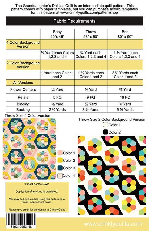 Image of the Granddaughter's Daises quilt pattern by Crinkly Quilts by Moda Fabrics. Features a flower quilt pattern. 
Cute Little Fabric Shop