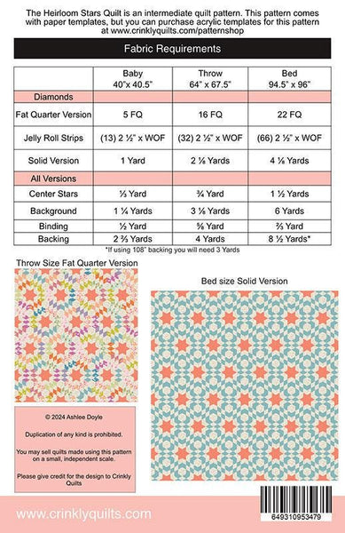 Image of the Heirloom Stars quilt pattern by Crinkly Quilts by Moda Fabrics. Features the fabric requirements.
Cute Little Fabric Shop