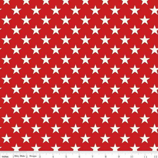 Image of the Freedom Garden Stars Red quilting cotton fabric by My Mind's Eye for Riley Blake Designs. Features stars on a red background. Cute Little Fabric Shop