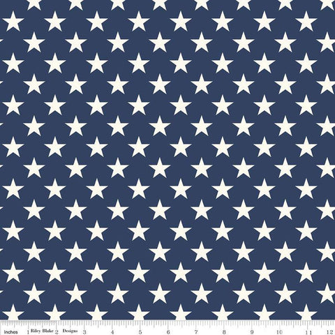Image of the Freedom Garden Stars Blue quilting cotton fabric by My Mind's Eye for Riley Blake Designs. Features stars on a blue background. Cute Little Fabric Shop