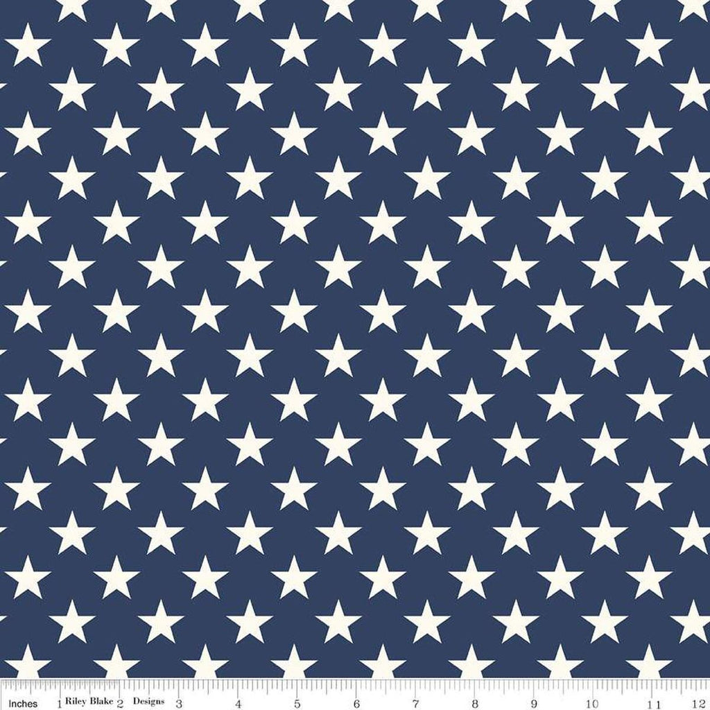 Image of the Freedom Garden Stars Blue quilting cotton fabric by My Mind's Eye for Riley Blake Designs. Features stars on a blue background. Cute Little Fabric Shop