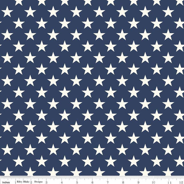 Image of the Freedom Garden Stars Blue quilting cotton fabric by My Mind's Eye for Riley Blake Designs. Features stars on a blue background. Cute Little Fabric Shop