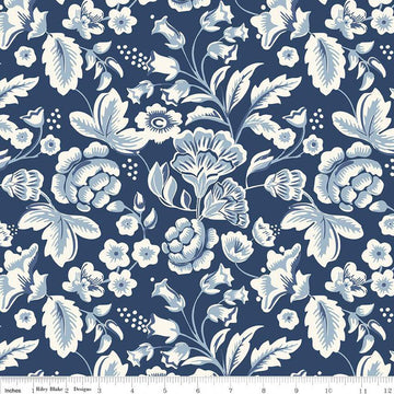 Image of the Freedom Garden Main Blue quilting cotton fabric by My Mind's Eye for Riley Blake Designs. Features flowers on a blue background. Cute Little Fabric Shop