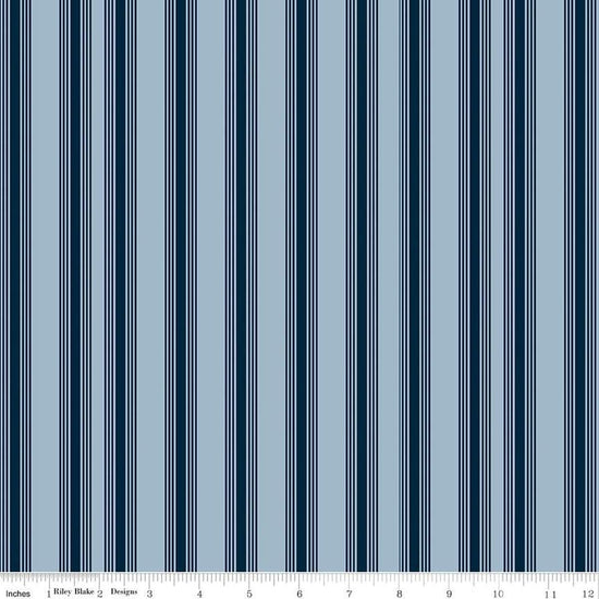 Image of the Freedom Garden Stripes Sky quilting cotton fabric by My Mind's Eye for Riley Blake Designs. Features stripes on blue background. Cute Little Fabric Shop