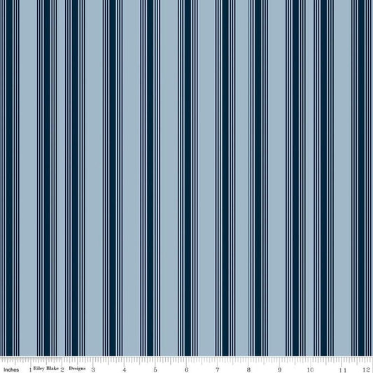 Image of the Freedom Garden Stripes Sky quilting cotton fabric by My Mind's Eye for Riley Blake Designs. Features stripes on blue background. Cute Little Fabric Shop