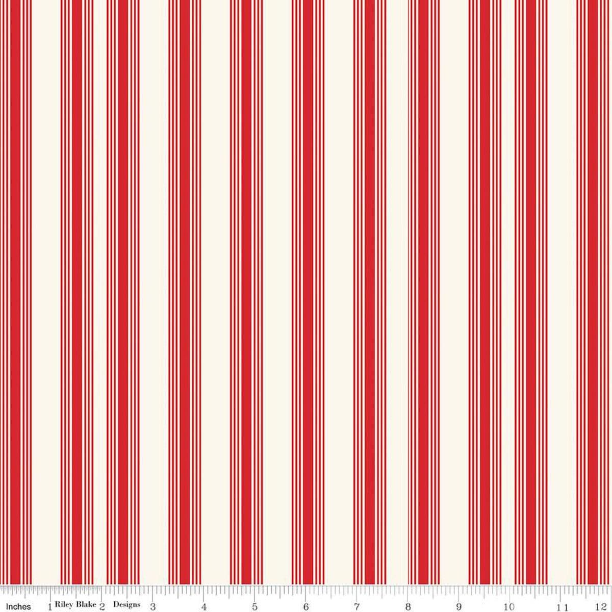 Image of the Freedom Garden Stripes Red quilting cotton fabric by My Mind's Eye for Riley Blake Designs. Features stripes on a red background. Cute Little Fabric Shop