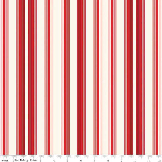 Image of the Freedom Garden Stripes Red quilting cotton fabric by My Mind's Eye for Riley Blake Designs. Features stripes on a red background. Cute Little Fabric Shop