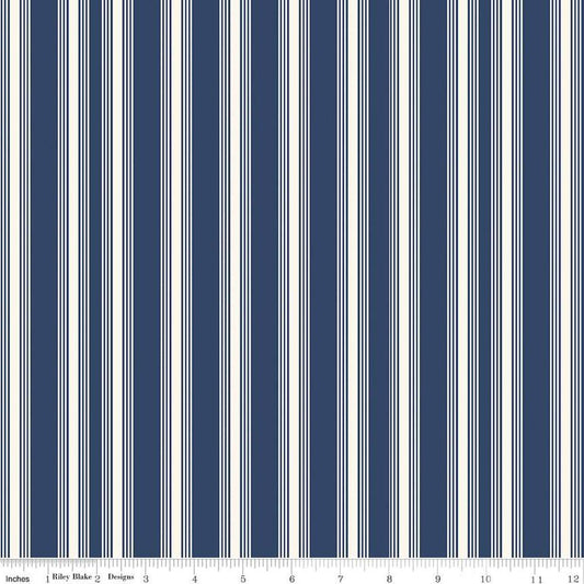 Image of the Freedom Garden Stripes Blue quilting cotton fabric by My Mind's Eye for Riley Blake Designs. Features stripes on a blue background. Cute Little Fabric Shop