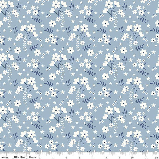 Image of the Freedom Garden Ditsy Floral Sky quilting cotton fabric by My Mind's Eye for Riley Blake Designs. Features flowers on a blue background. Cute Little Fabric Shop