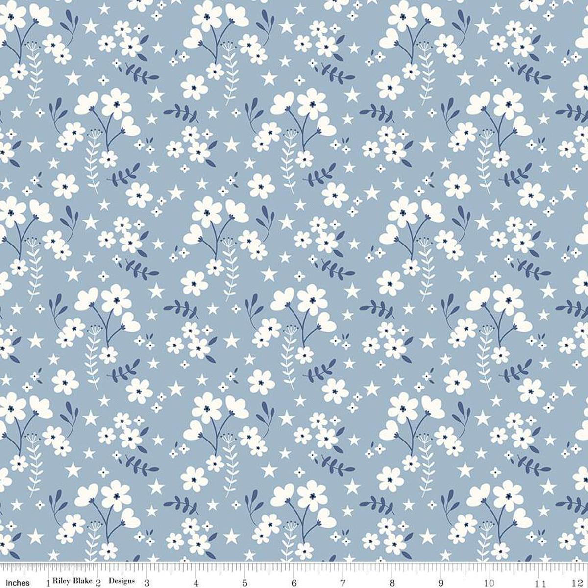Image of the Freedom Garden Ditsy Floral Sky quilting cotton fabric by My Mind's Eye for Riley Blake Designs. Features flowers on a blue background. Cute Little Fabric Shop