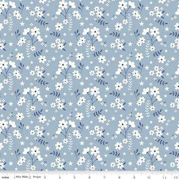 Image of the Freedom Garden Ditsy Floral Sky quilting cotton fabric by My Mind's Eye for Riley Blake Designs. Features flowers on a blue background. Cute Little Fabric Shop