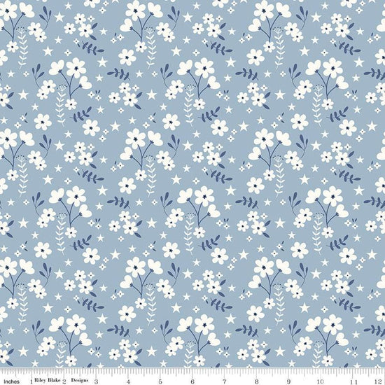 Image of the Freedom Garden Ditsy Floral Sky quilting cotton fabric by My Mind's Eye for Riley Blake Designs. Features flowers on a blue background. Cute Little Fabric Shop