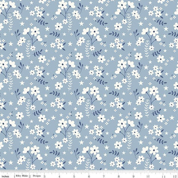 Image of the Freedom Garden Ditsy Floral Sky quilting cotton fabric by My Mind's Eye for Riley Blake Designs. Features flowers on a blue background. Cute Little Fabric Shop