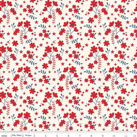 Image of the Freedom Garden Ditsy Floral Multi quilting cotton fabric by My Mind&#39;s Eye for Riley Blake Designs. Features flowers on a white background. Cute Little Fabric Shop