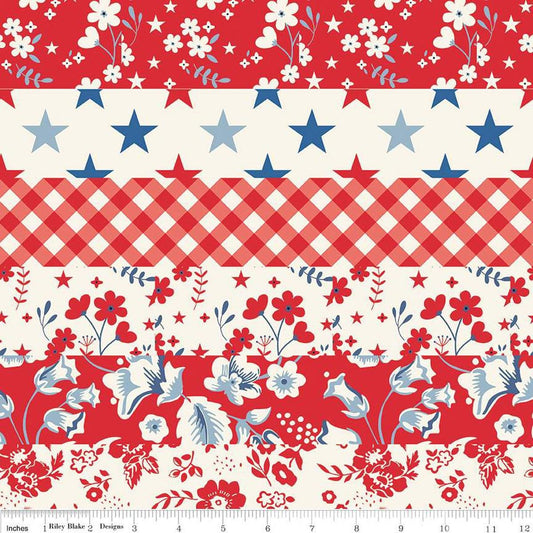 Image of the Freedom Garden Cheater Print quilting cotton fabric by My Mind's Eye for Riley Blake Designs. Features a striped pattern on a red background. Cute Little Fabric Shop