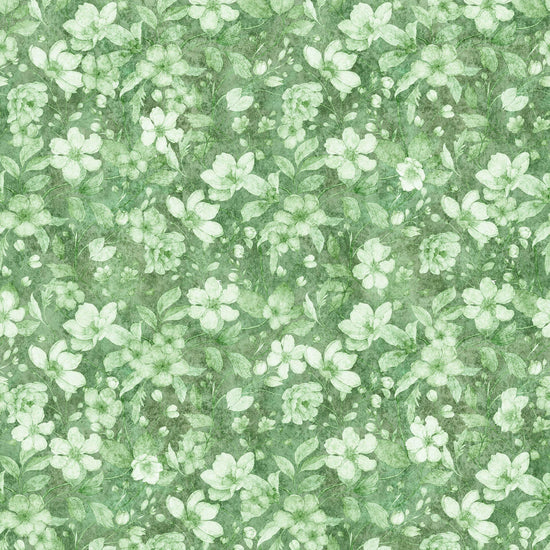 Image of the Hunny Bunny Tonal Floral Green quilting cotton fabric by Morris Creative Group by QT Fabrics. Features flowers on a green background. Cute Little Fabric Shop