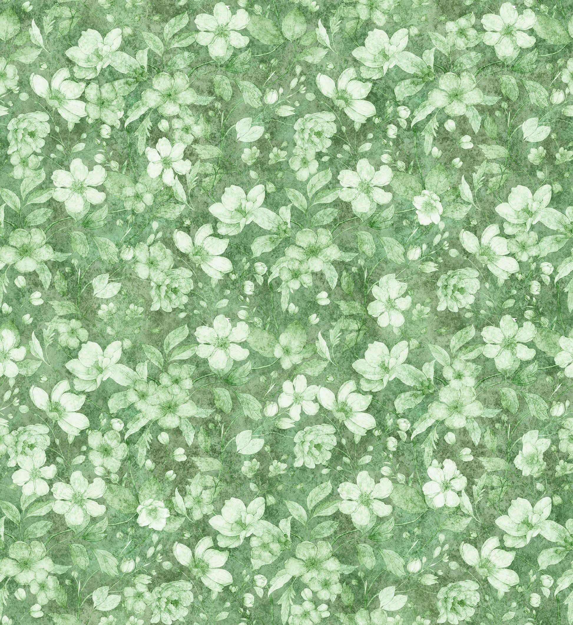 Image of the Hunny Bunny Tonal Floral Green quilting cotton fabric by Morris Creative Group by QT Fabrics. Features flowers on a green background. Cute Little Fabric Shop