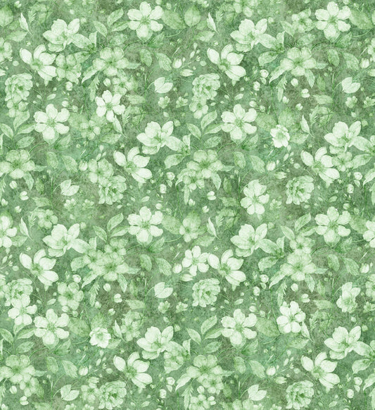 Image of the Hunny Bunny Tonal Floral Green quilting cotton fabric by Morris Creative Group by QT Fabrics. Features flowers on a green background. Cute Little Fabric Shop