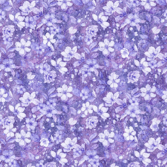 Image of the Hunny Bunny Tonal Floral Purple quilting cotton fabric by Morris Creative Group by QT Fabrics. Features flowers on a purple background. Cute Little Fabric Shop