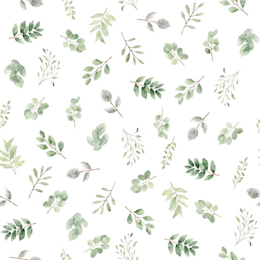 Image of the Hunny Bunny Sprigs Green quilting cotton fabric by Morris Creative Group by QT Fabrics. Features sprigs on a white background. Cute Little Fabric Shop